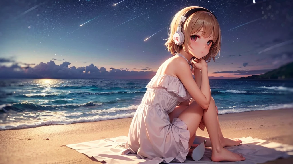 "A serene nighttime beach scene. A girl sits on the sandy shore, her headphones on, lost in the rhythm of the music. She wears a beautiful frock, the gentle waves almost touching her toes. Above her, the night sky is adorned with twinkling stars and a luminous moon, casting a soft glow over the tranquil scene. She looks completely relaxed, absorbed in her own world of melodies."

