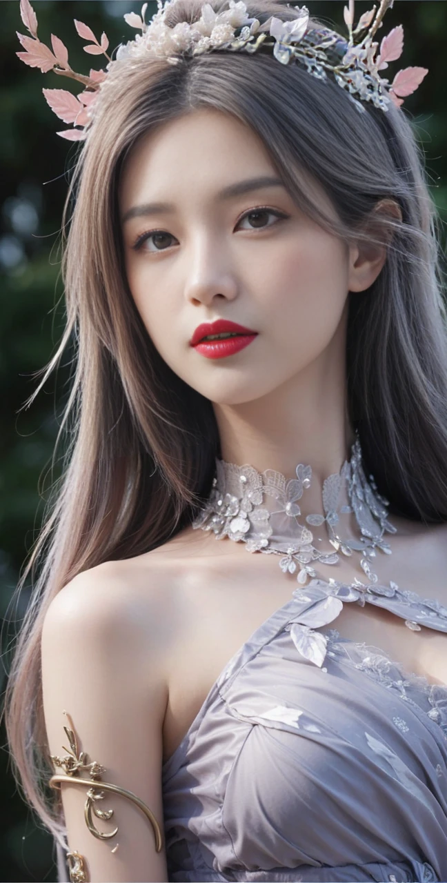 best quality, tmasterpiece,Ultra-high resolution,Clear face,(Reality:1.4),ferpect lighting,(upper body shot), (photorealistic:1.50), anime wallpaper, Guviz style artwork, cover-up fantasy up to magic , by Yang J, Guviz, beautiful artwork illustration, beautiful digital artwork, beautiful digital illustration, Li Song, beautiful anime portrait, art style in Beauvot, Lips wear thick red lipstick,