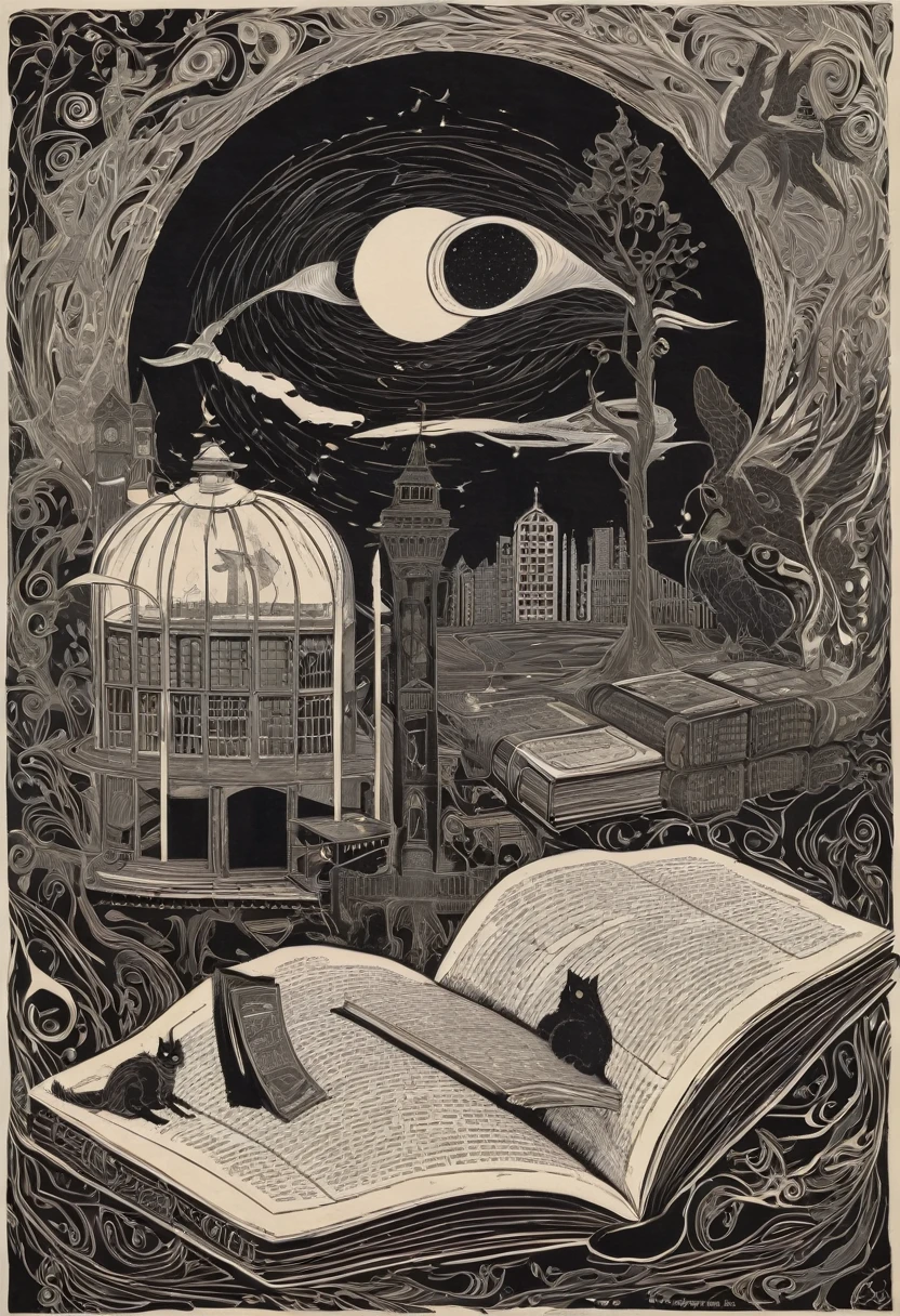 a surreal abstract woodblock print, With the theme "movie theme, series and books with reference to Harry Potter, anne de greem gables, dark academy e que tenha cabelo longo" 