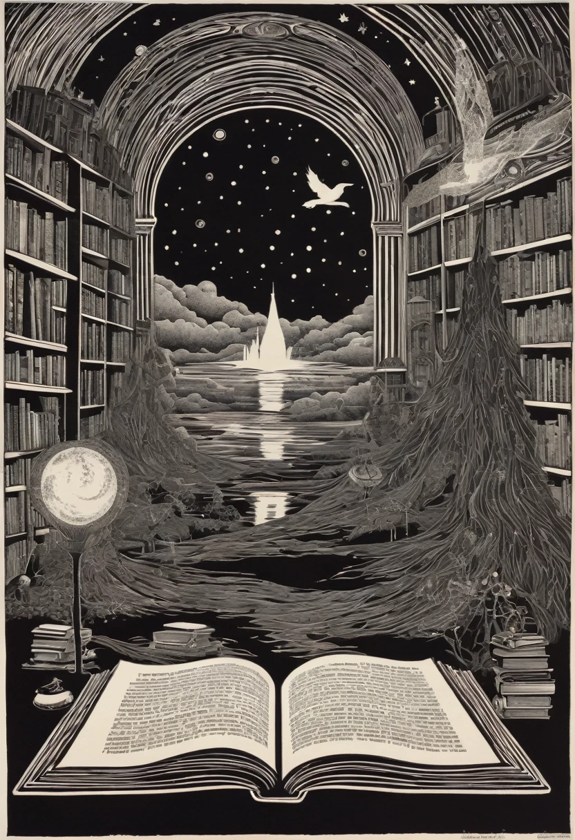 a surreal abstract woodblock print, With the theme "movie theme, series and books with reference to Harry Potter, anne de greem gables, dark academy e que tenha cabelo longo" 