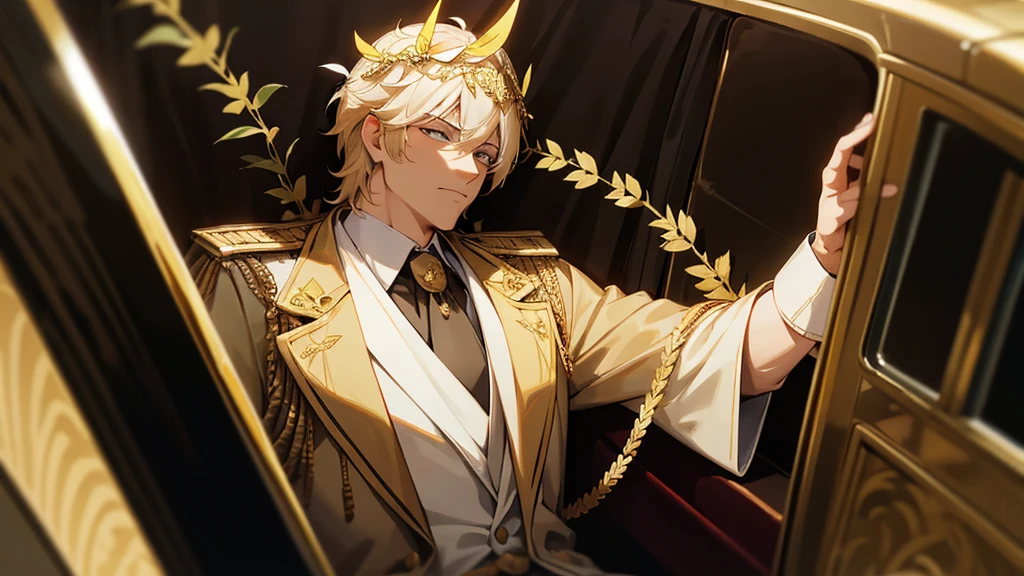 politician siting in a limo wearing roman imperial golden laurel wreath on his head,