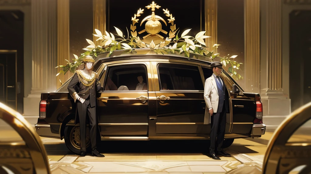 politician siting in a limo wearing roman imperial golden laurel wreath on his head,
