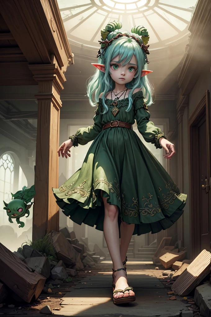 (Realisttic:1.2), og photo style, (cute goblin wooman looking like elf, intensed green serpent's eyes, surrounded by a gloomy antique setting), (her full body s a visual pleasure), faint smile, soft shading expresses beautiful skin texture, silk material, Graceful curve, necklace, rich and lust hair, three dimensional effect, gloomy dark atmosphere, play of light in the sun rays, a delicate balance between beauty and darkness, faded colours, great quality, Masterpiece, intricate fantasy background, naturally cinematic light, 16k quality, HDR, RAW photo