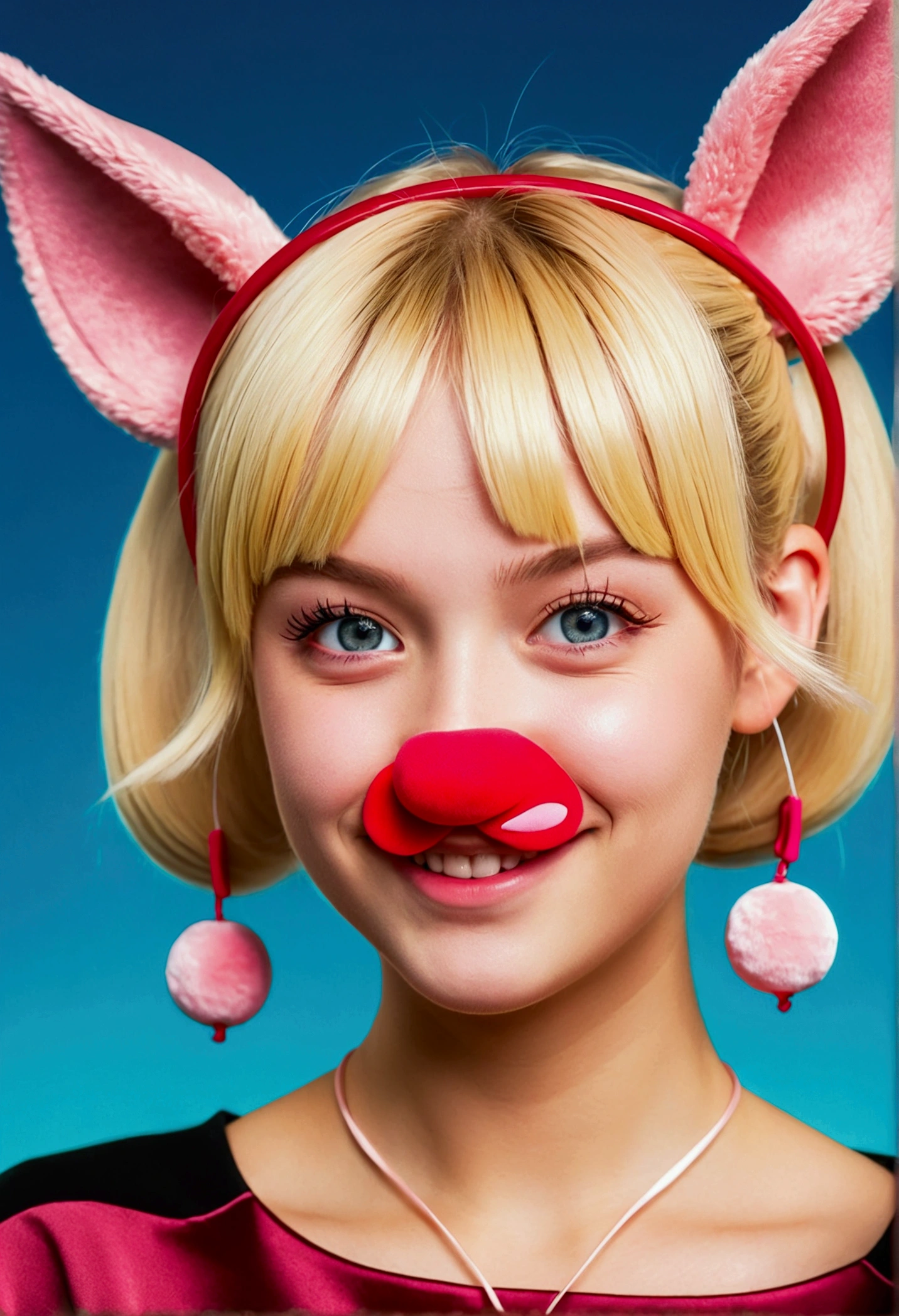 european girl, blonde hair, hair bobbles, wince, longeyelashes, solid circle eyes, fake animal ears, light smile, ear blush, fang, ccurate, Surrealism, drop shadow, anaglyph, stereogram, tachi-e, pov, atmospheric perspective, 8k, super detail, best quality