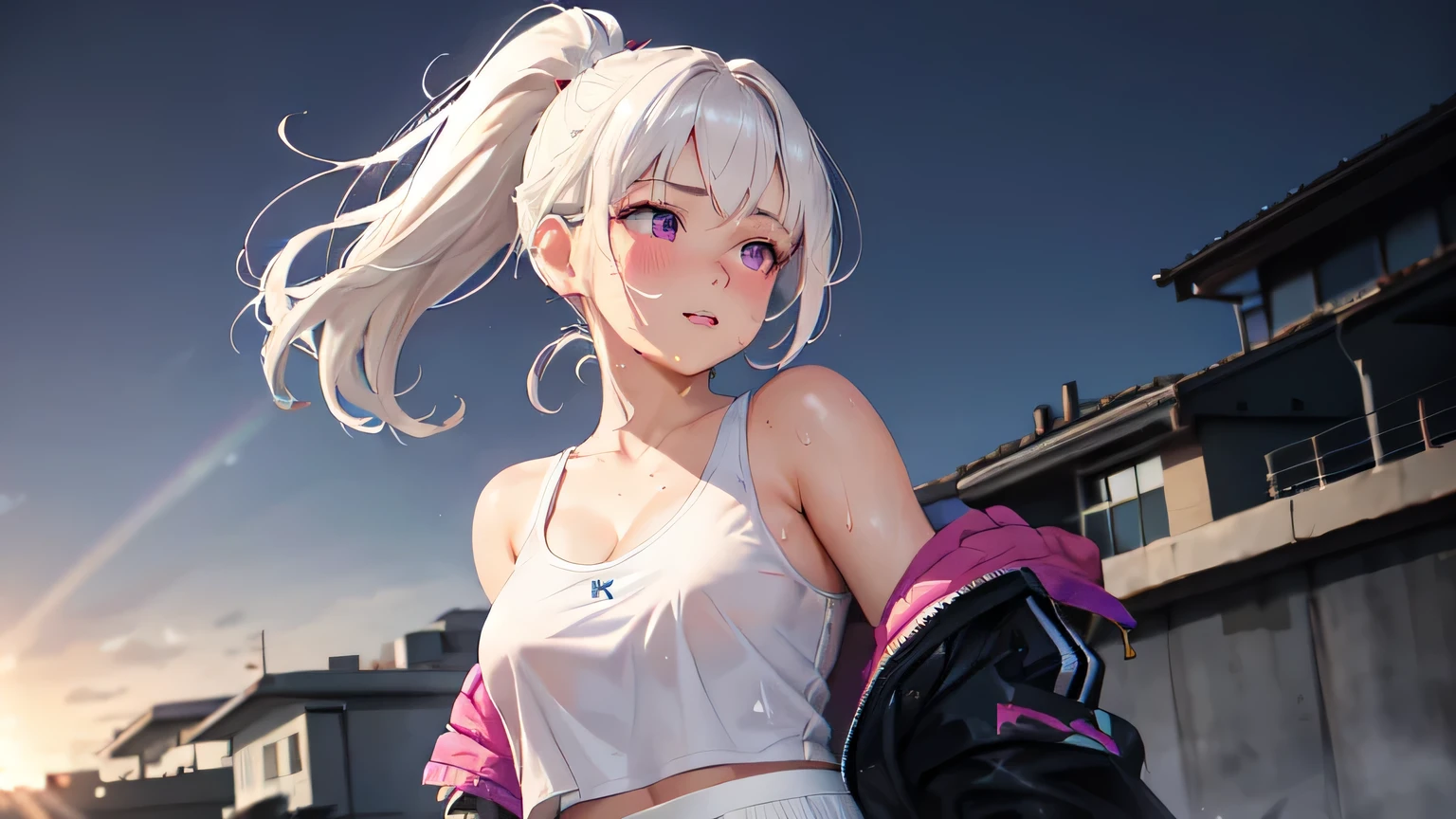 realistic, 1girl, ponytail, parted lips, blush, makeup, light smile, white hair, sportswear, skirt, wet clothes, glow, thighs, purple eye, bare shoulders, collarbone, narrow waist, sunbeam, sunlight, rose, wind, cleavage, (masterpiece), sweat,
