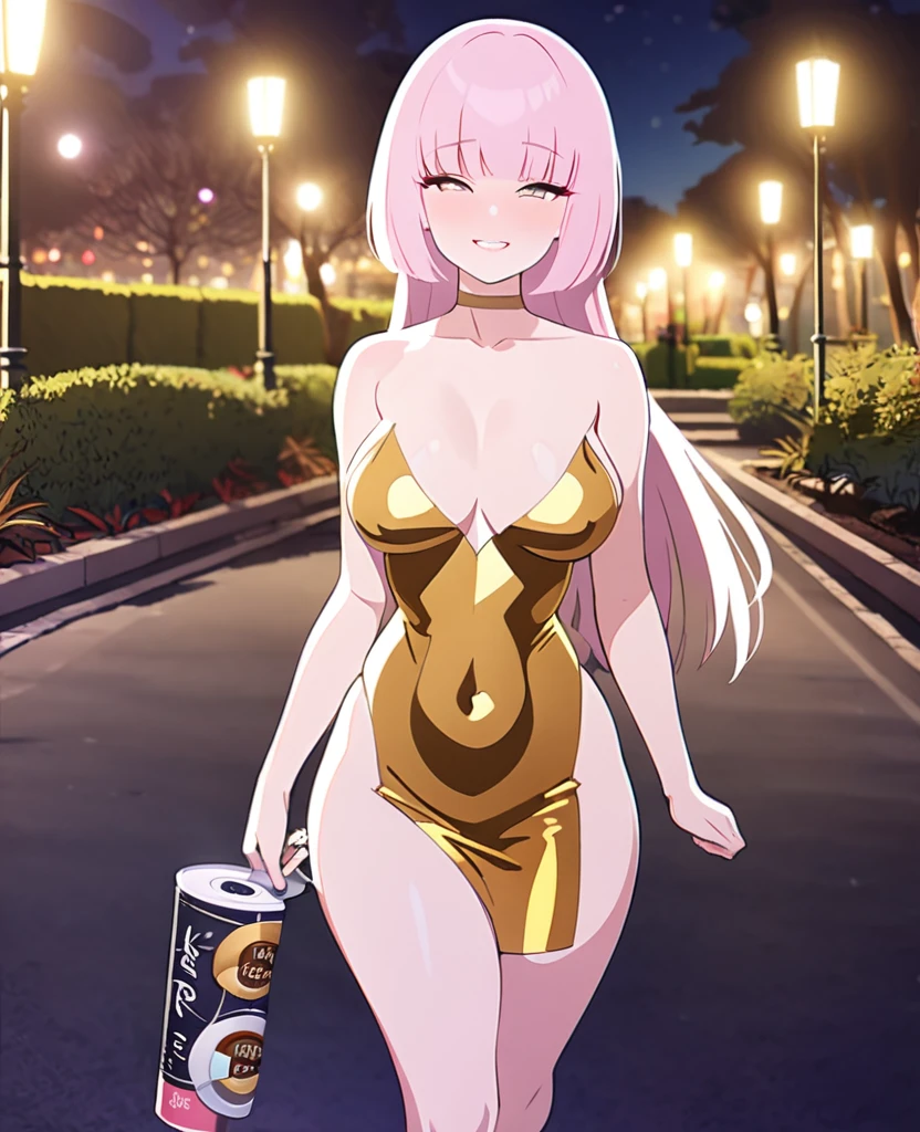 girl, light pink hair, long hair, hime cut, erotic golden bodycon, K cup breast, thicc thigh, slut, park nighttime view, erotic walking, erotic smile