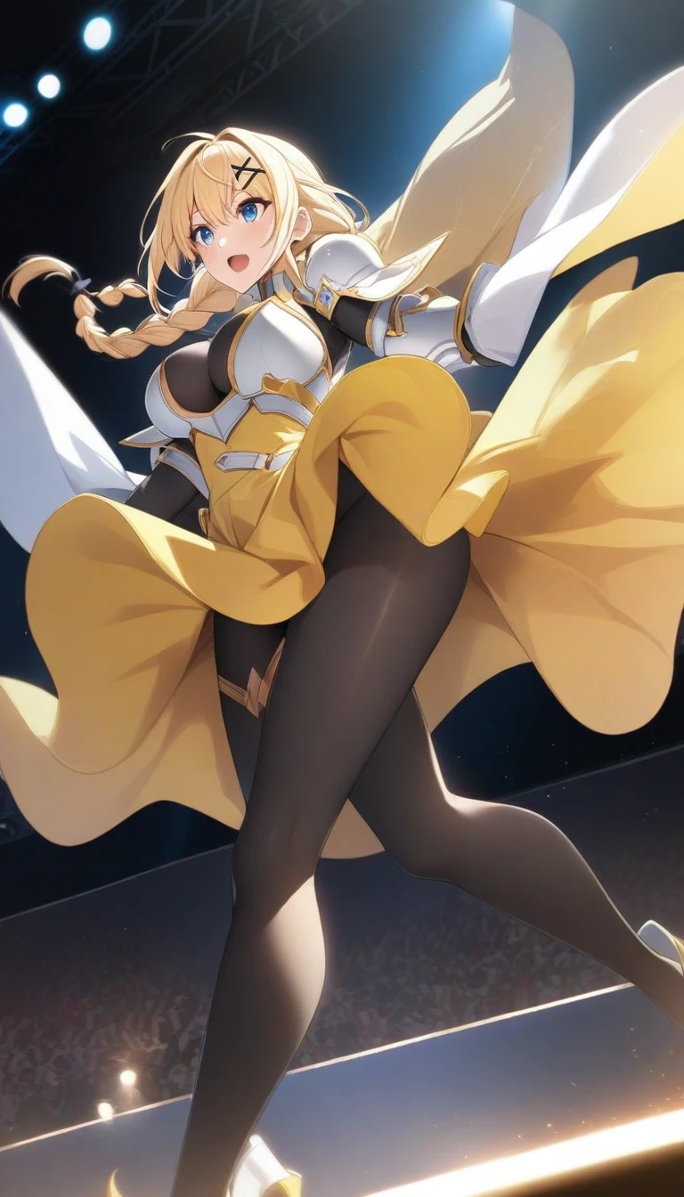 masterpiece, best quality, very aesthetic, absurdres, 1girl, mature_lady, holding 2 big white rabbits, rabbits on breasts, upper body,,darkness_(konosuba), kono_subarashii_sekai_ni_shukufuku_wo!, 1girl, long_hair, ponytail, blonde_hair, x_hair_ornament, braid, blue_eyes, large_breasts, white_armor, yellow_dress,black_bodysuit,,on stage,floating_clothes