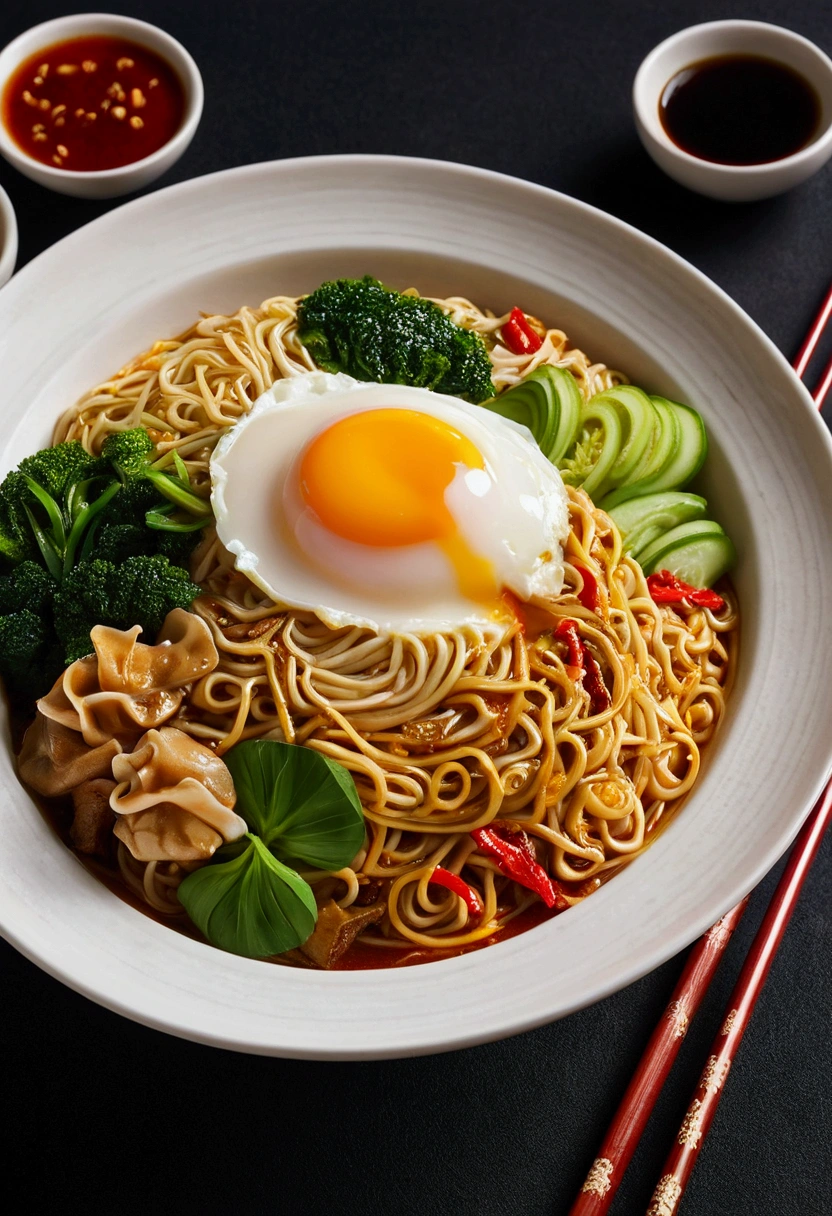 Delicious and tempting spicy noodles,Fresh vegetables are plentiful,The poached egg aroma is overflowing,Brown conch is delicious and delicious,Pepper has a strong flavor,The yellow bamboo shoots are crispy and delicious,The fungus has a delicate taste,Soybean curd has a good aftertaste,The noodles picked up by chopsticks are fragrant。illustration