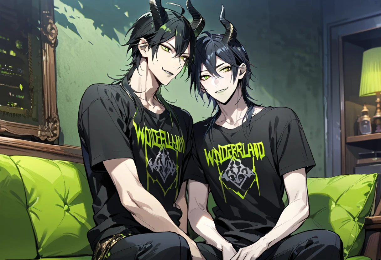 masterpiece, best quality, extremely detailed, anime , upper body, ((2boys)), BL, male focus, ikemen:1.5, looking at each other, holding ice candy, T-shirt, short sleeves, room, sitting on sofa,full body, malleus draconia (twisted wonderland) horns, bishounen, boy, male, yana Toboso style, long hair, black hair, yellow green eyes, smile, gray lips, handsome, skinny, tall, yellow green glow,AddXL