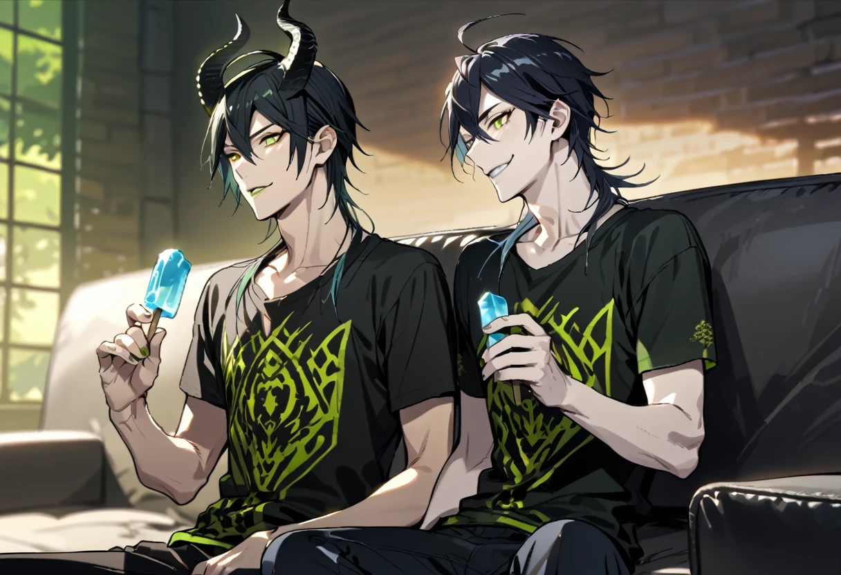 masterpiece, best quality, extremely detailed, anime , upper body, ((2boys)), BL, male focus, ikemen:1.5, looking at each other, holding ice candy, T-shirt, short sleeves, room, sitting on sofa,full body, malleus draconia (twisted wonderland) horns, bishounen, boy, male, yana Toboso style, long hair, black hair, yellow green eyes, smile, gray lips, handsome, skinny, tall, yellow green glow,AddXL