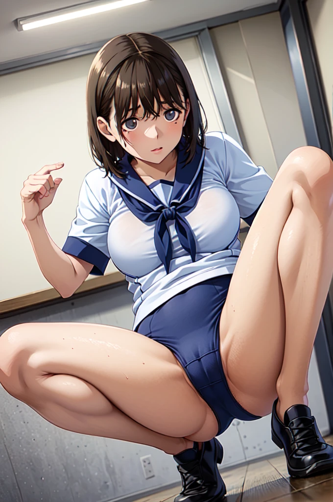 (masterpiece, best quality, very aesthetic, ultra detailed), intricate details, 4k,1 girl,solo,aanene, short hair,(buruma:1.2),gym uniform,white shirt,squatting, peeing, ,classroom, cameltoe, spread legs, hegao,(nsfw:1.2),