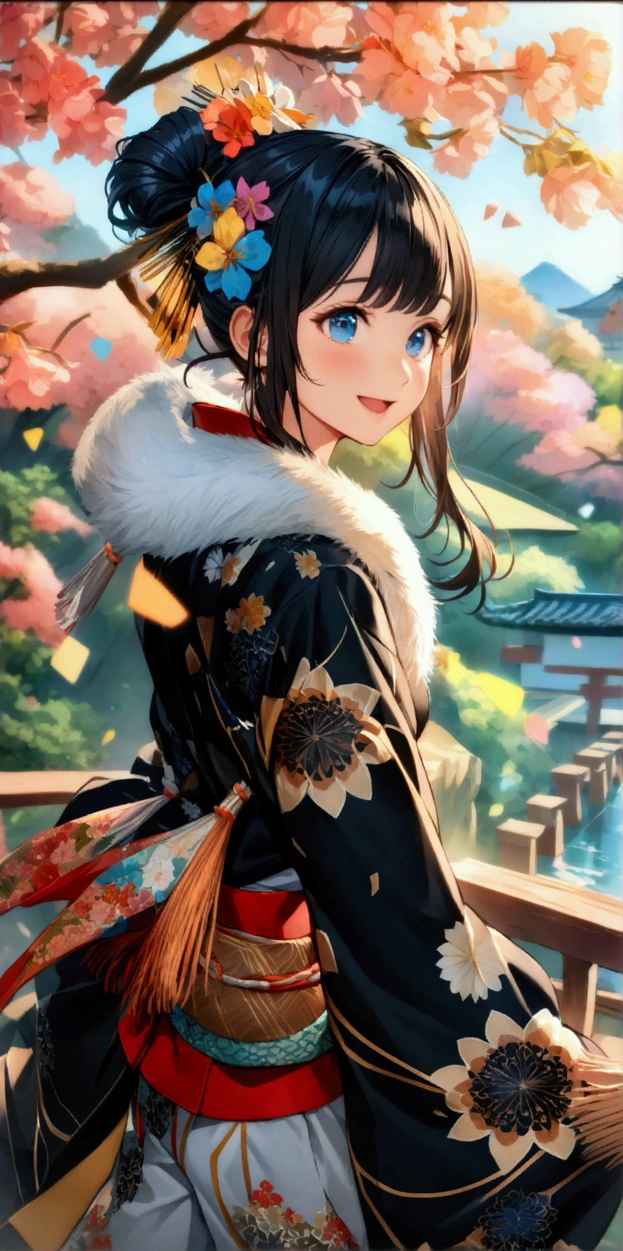((32k)), ((best quality)), ((ultra high res)), ((HDR)), ((UHD)), ((extremely detailed CG)), ((unity 32k wallpaper)), dynamic dancing moves with full of energy and movement, jumping high, full body portrait, happy expression, Japanese festival, with lively action poses, Positive Space, asymmetry, dynamic angle, A detailed illustration of an anime girl with blue eyes wearing a black kimono with Japanese patterns, wearing white cloak white shorts, black tube-top, She has white long hair tied back by a flower hair ornament, with colorful deep blue, black, pink, gold and white colors, surrounded by hexagons with various patterns and textures, Japanese Ancient bridge, happy expression, A black and white checkered pattern background surrounded by hexagons with various patterns in background, floral designs, and geometric shapes, In the background there are some sakura trees., cartoon character design, this is a full body portrait in vibrant colors, colorful illustrations, highly detailed, high resolution, in the style of digital painting, natural lighting, --ar 5:7 --niji 6,