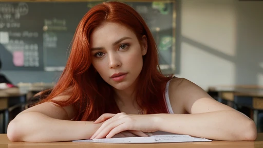 sitting at a table with red hair, Sexy photo of a pretty young sexy woman with bright red tousled hair, a bit like Scarlett Johansson, juicy figure, big breasts, wonderful big eyes and full lips, at school , In the classroom context,  Attire, She&#39;s happy, smiling, absolutely naked, sits at the table