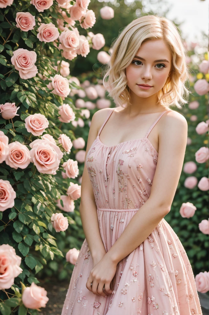8k, RAW photo, Fujifilm, style photo of a beautiful young woman as avril in a garden of light pink roses (highly detailed skin: 1.2) Style-Petal BREAK short hair, blonde hair with colored locks, wearing a dress, film granulation, 35mm, cute style