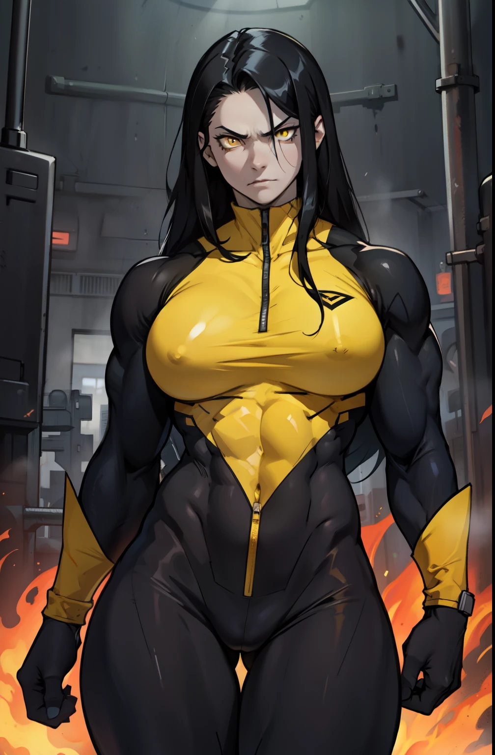 pale skin solo 1 girl black hair yellow eyes angry very long hair dark atmosphere (huge breasts bodybuilder toned body muscular) skinsuit