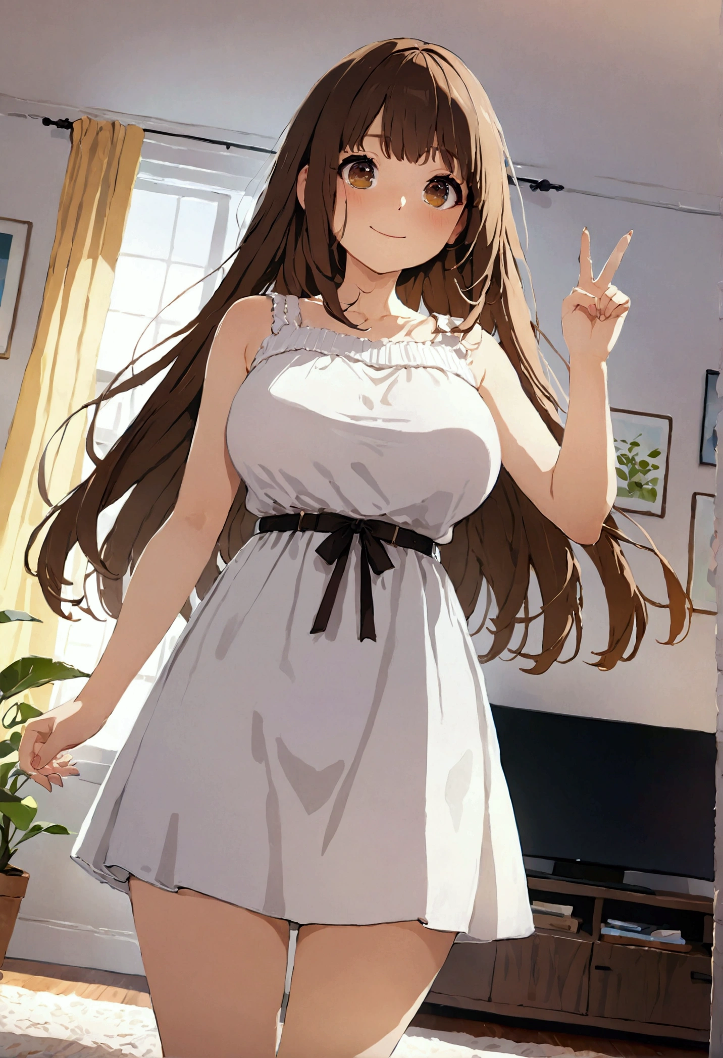 ((1girl)), super fine illustration, vibrant colors, absurdres extremely detailed CG, 8k wallpaper, (masterpiece:1.3), dynamic angle, dynamic pose,
best quality, depth of field, cinematic lighting, ultra detailed, brown long hair, very straight hair, large breast, white knit dress , 20yo, cute, very baby face, brown eyes, kawaii, smile, droopy eyes, arms at sides, smartphone, modern living room, peace fingers, The screen of the smartphone in his hand is facing towards me