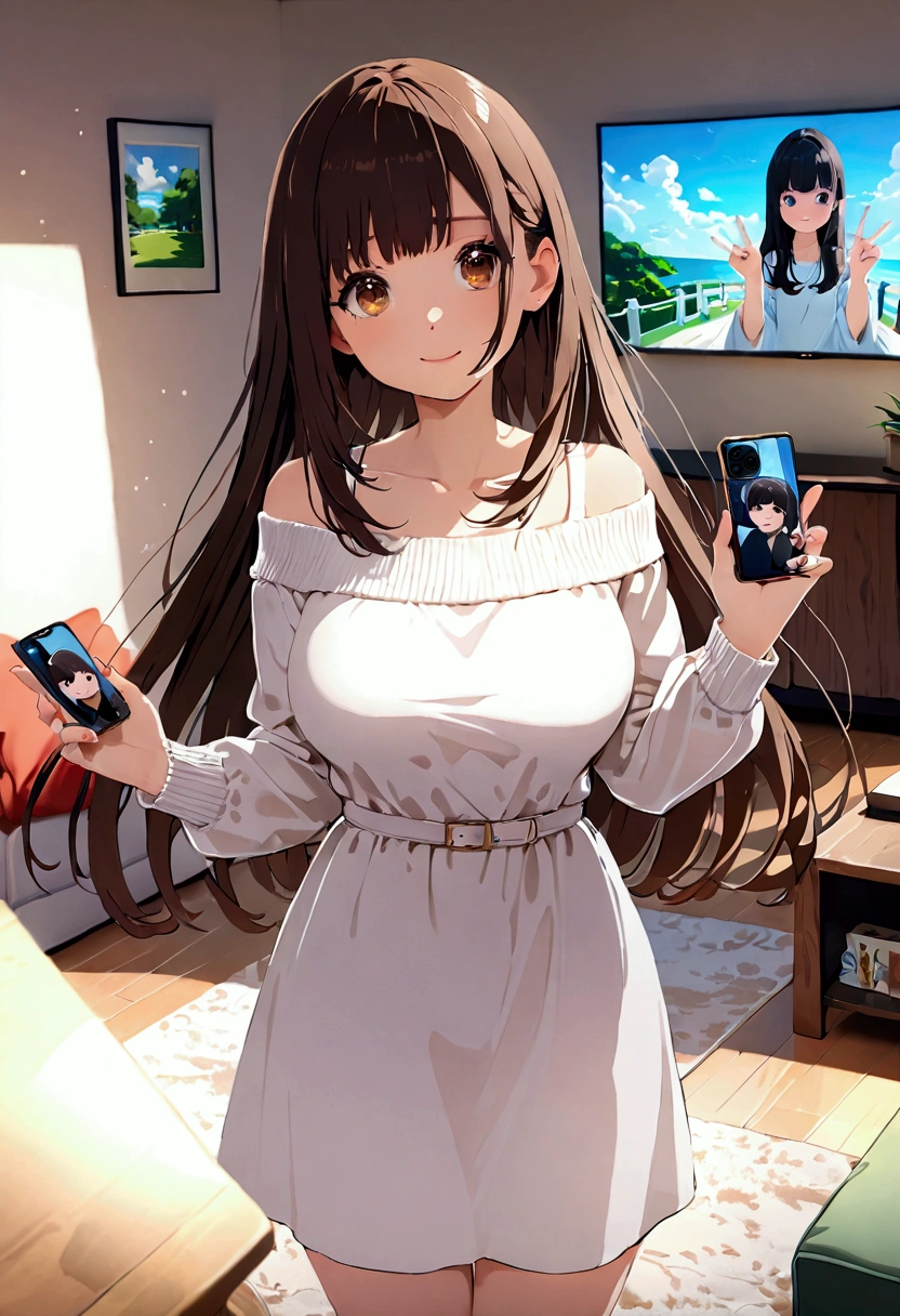 ((1girl)),  super fine illustration, vibrant colors, absurdres extremely detailed CG, 8k wallpaper, (masterpiece:1.3), dynamic angle, dynamic pose, 
best quality, depth of field, cinematic lighting, ultra detailed, brown long hair, very straight hair, large breast, white knit dress , 20yo, cute, very baby face, brown eyes, kawaii, smile, droopy eyes, arms at sides, smartphone, modern living room, peace fingers, The screen of the smartphone in his hand is facing towards me