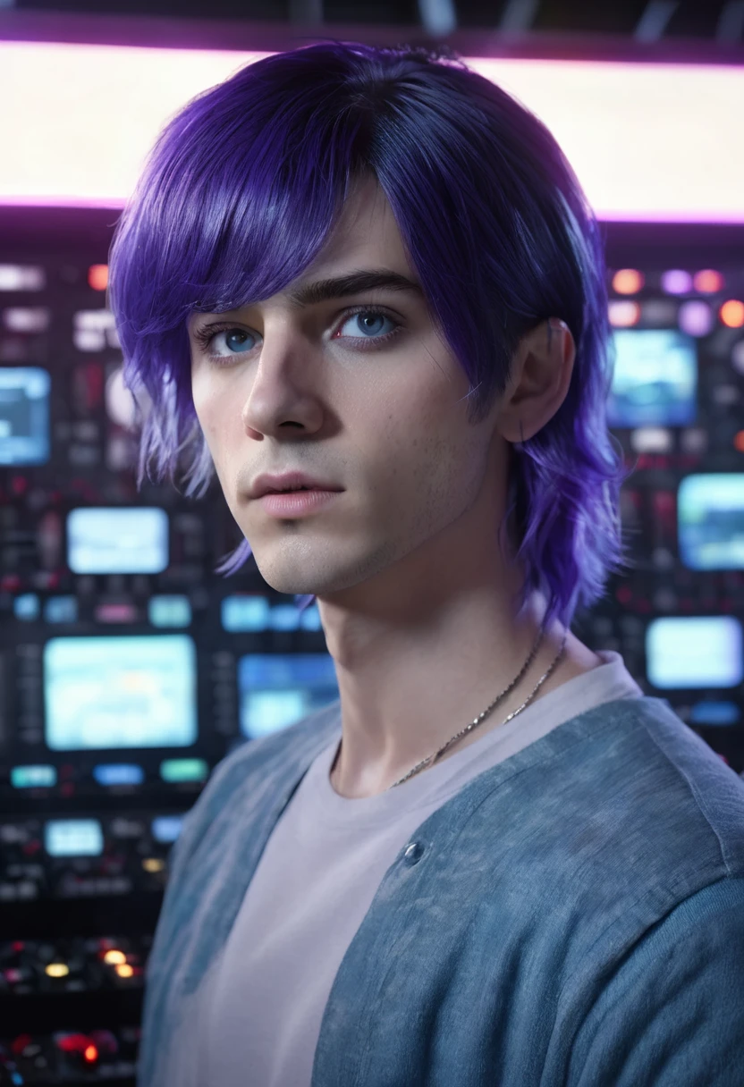 1 man, in front of a control panel, wearing a blue shirt, detailed facial features, detailed dark male eyes, detailed white skin, purple hair lob with short bangs, strong lighting, bored expression on the face, cold cinematic composition, fog atmospheric, beautiful face, thin chin, long nose, handsome man, masculine, 25 years old (best quality, 4K, 8K, high resolution, art: 1.2), ultra-detailed, (realistic, photorealistic, photorealistic: 1.37)
