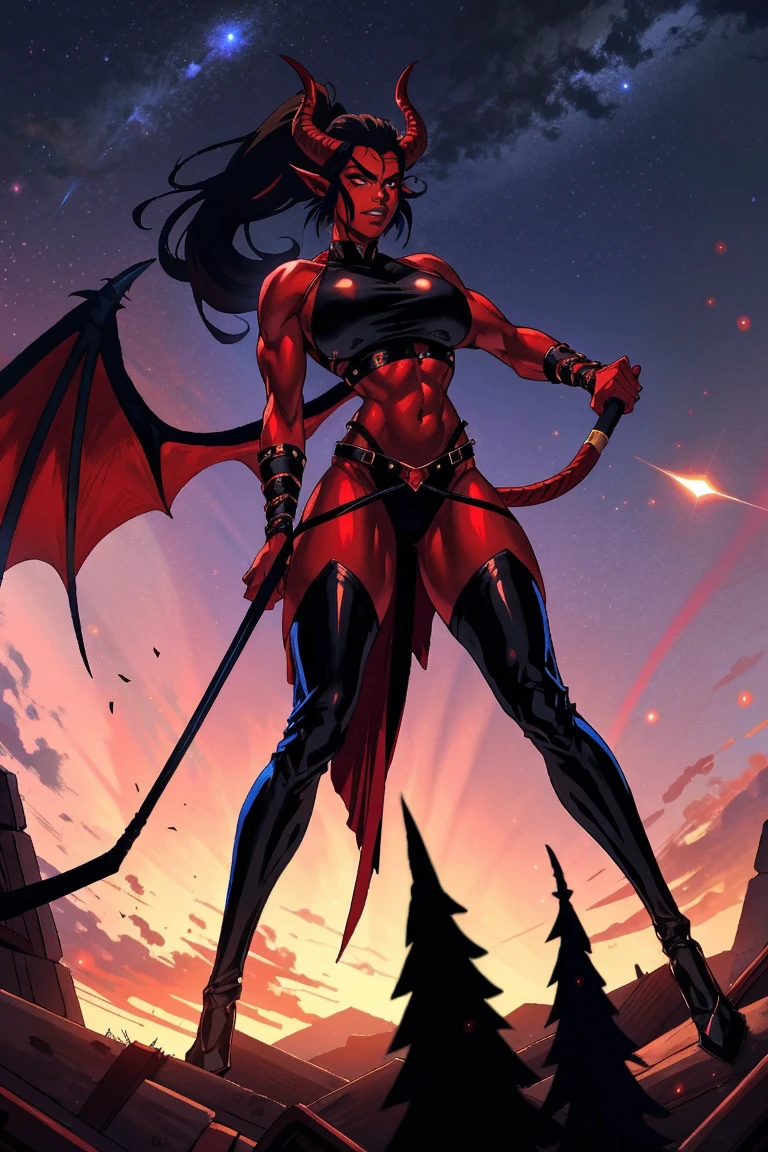 Red skin succubus tiefling, digitigrade legs, full breasts, huge breasts, black horns, wings, huge tail, black leather, crop top, long flowing pelvic curtain, tall, athletic, graceful, thin, long black ponytail. Action scene, whip. Dark scene, explosions, night sky.