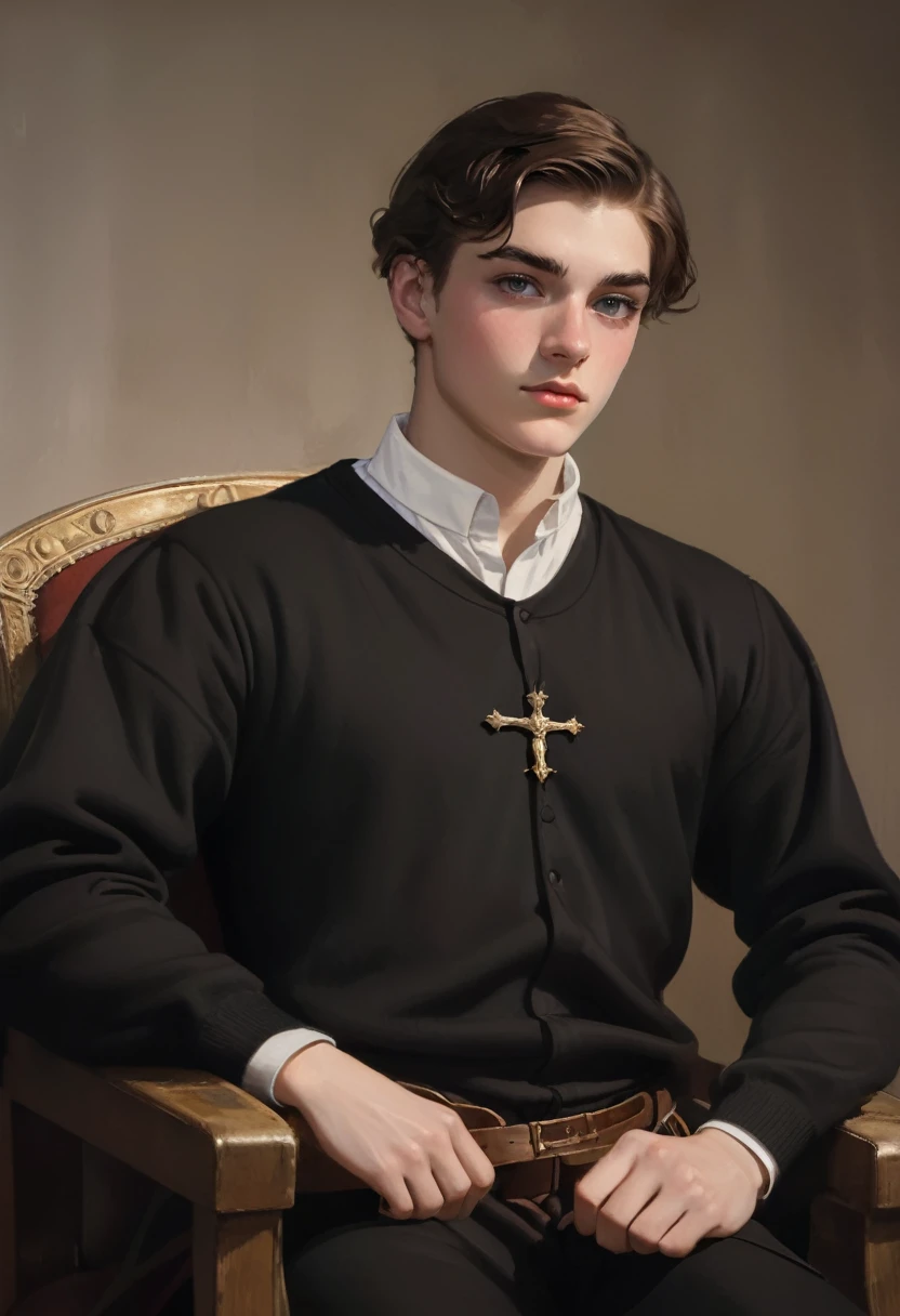 A young man 20 years old in a dark brown sweater and white shirt sits in a chair, gentle androgynous prince, mix of Vatican styles, portrait shot, England, 1337. young ((((20 year old)) Ralph Fitzgerald)), intense eyes, ambitious, high, Sports, in his big spectator's chair, ((grin)). ((((clothing from the 1300s)))), ((dark hairstyle 1300s))