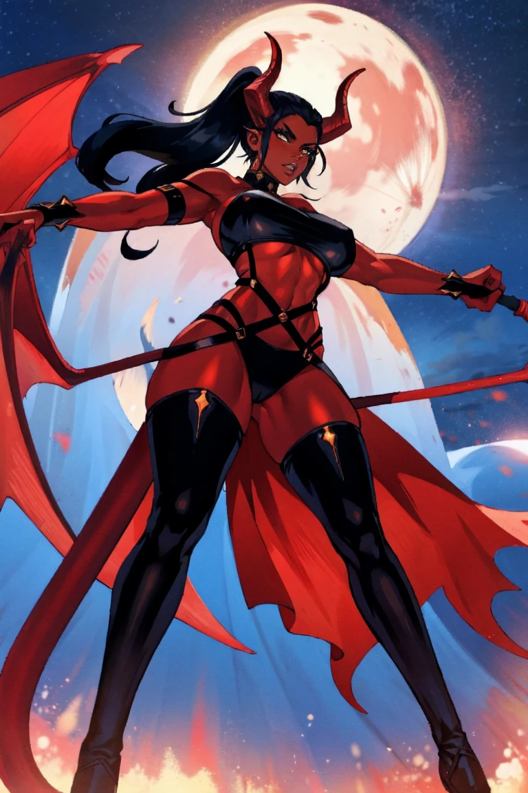 Red skin succubus tiefling, digitigrade legs, full breasts, huge breasts, black horns, wings, huge tail, black leather, crop top, long flowing pelvic curtain, tall, athletic, graceful, thin, long black ponytail. Action scene, whip. Dark scene, explosions, night sky.
