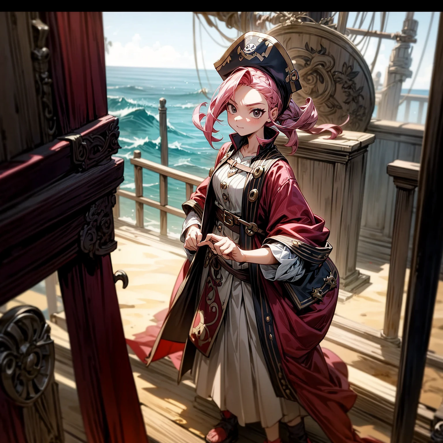 1girl, Full body version, 1character, girl version, black eyes, long Curly haircut, pink colour hair, ancient pirate style clothing, red colour clothing, Grassroots, background in the ship, motion blur, (pokemon style), standing gesture, pirate hat,