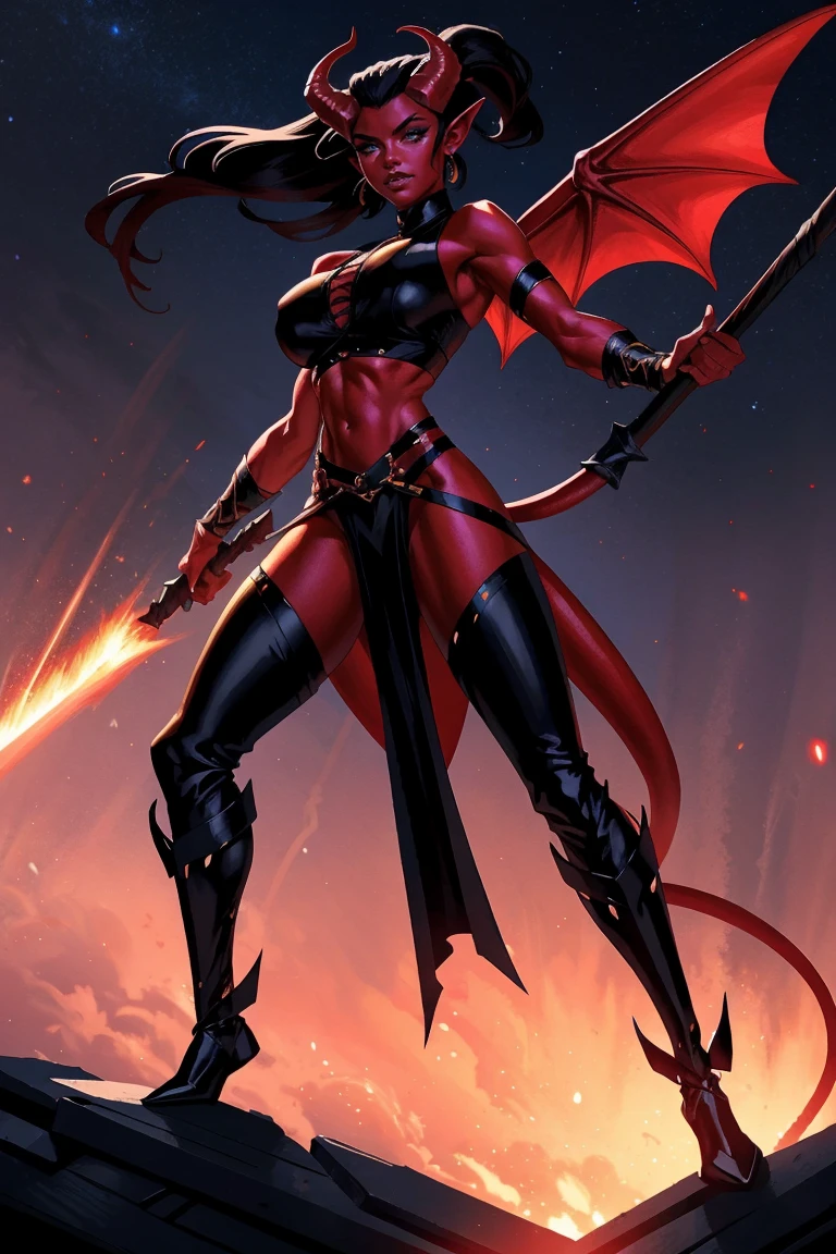 Red skin succubus tiefling, digitigrade legs, full breasts, huge breasts, black horns, wings, huge tail, black leather, crop top, long flowing pelvic curtain, tall, athletic, graceful, thin, long black ponytail. Action scene, whip. Dark scene, explosions, night sky.