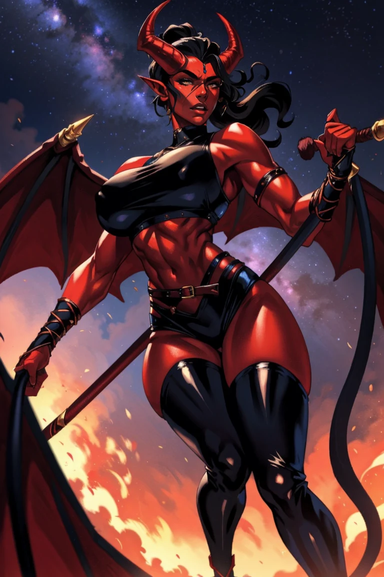 Red skin succubus tiefling, digitigrade legs, full breasts, huge breasts, black horns, wings, huge tail, black leather, crop top, long flowing pelvic curtain, tall, athletic, graceful, thin, long black ponytail. Action scene, whip. Dark scene, explosions, night sky.