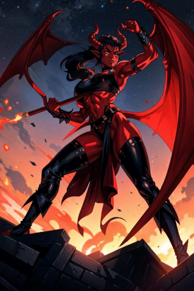 Red skin succubus tiefling, digitigrade legs, full breasts, huge breasts, black horns, wings, huge tail, black leather, crop top, long flowing pelvic curtain, tall, athletic, graceful, thin, long black ponytail. Action scene, whip. Dark scene, explosions, night sky.