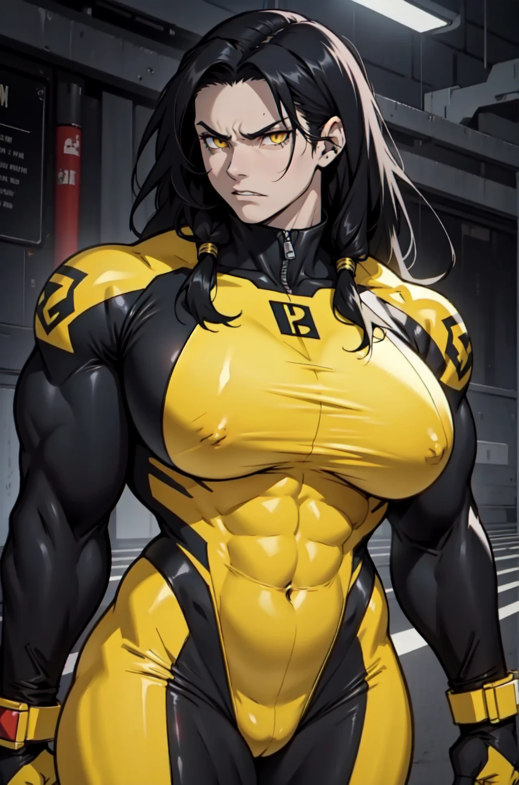 pale skin solo 1 girl black hair yellow eyes angry very long hair dark atmosphere (huge bodybuilder toned body muscular) skinsuit