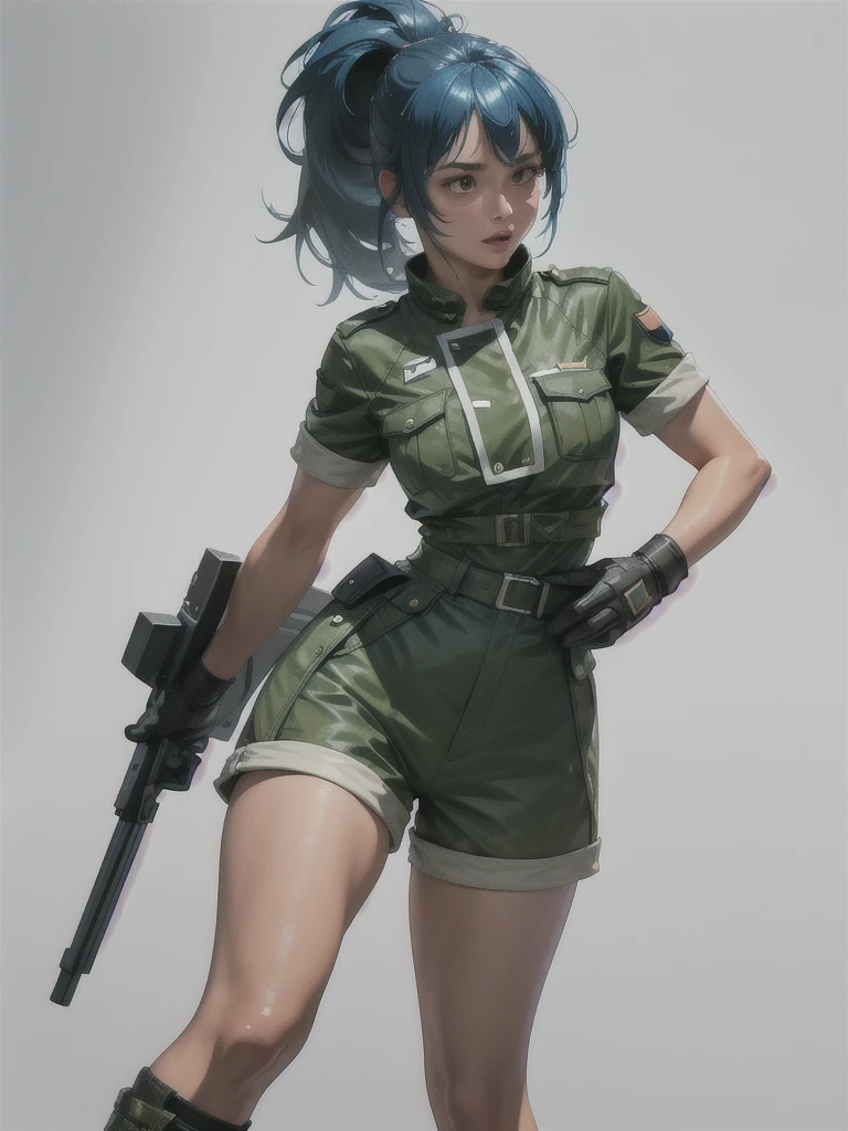 30-year-old woman, alone, athletic, blue hair tied in a ponytail, wears green military shorts, wears a green military top, wears dark gloves, has military boots, high resolution, perfect image, very detailed, high contrast, colors digital, simple, medium shot, cinematic, ultra-sharp focus, award-winning photography, perfect contrast, high sharpness, depth of field, ultra-detailed photography. global illumination, fluid, ultra high definition, 8k, Unreal Engine 5, ultra sharp focus, award-winning photography, Art Season Trends,