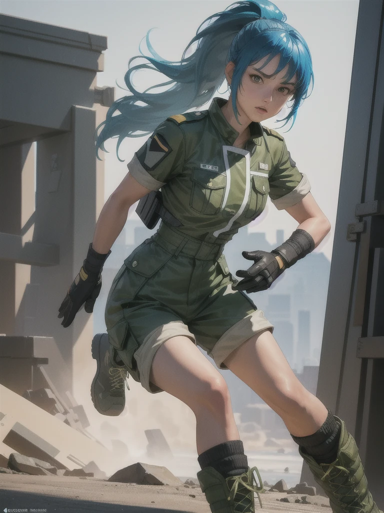 30-year-old woman, alone, athletic, blue hair tied in a ponytail, wears green military shorts, wears a green military top, wears dark gloves, has military boots, high resolution, perfect image, very detailed, high contrast, colors digital, simple, medium shot, cinematic, ultra-sharp focus, award-winning photography, perfect contrast, high sharpness, depth of field, ultra-detailed photography. global illumination, fluid, ultra high definition, 8k, Unreal Engine 5, ultra sharp focus, award-winning photography, Art Season Trends,
