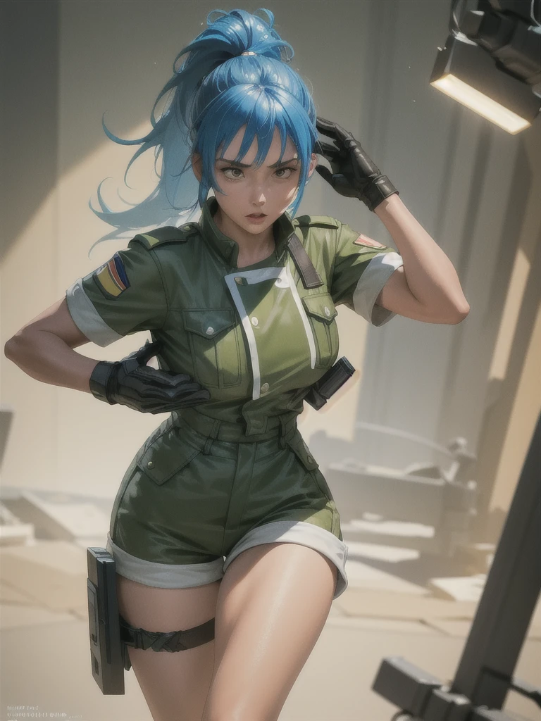 30-year-old woman, alone, athletic, blue hair tied in a ponytail, wears green military shorts, wears a green military top, wears dark gloves, has military boots, high resolution, perfect image, very detailed, high contrast, colors digital, simple, medium shot, cinematic, ultra-sharp focus, award-winning photography, perfect contrast, high sharpness, depth of field, ultra-detailed photography. global illumination, fluid, ultra high definition, 8k, Unreal Engine 5, ultra sharp focus, award-winning photography, Art Season Trends,
