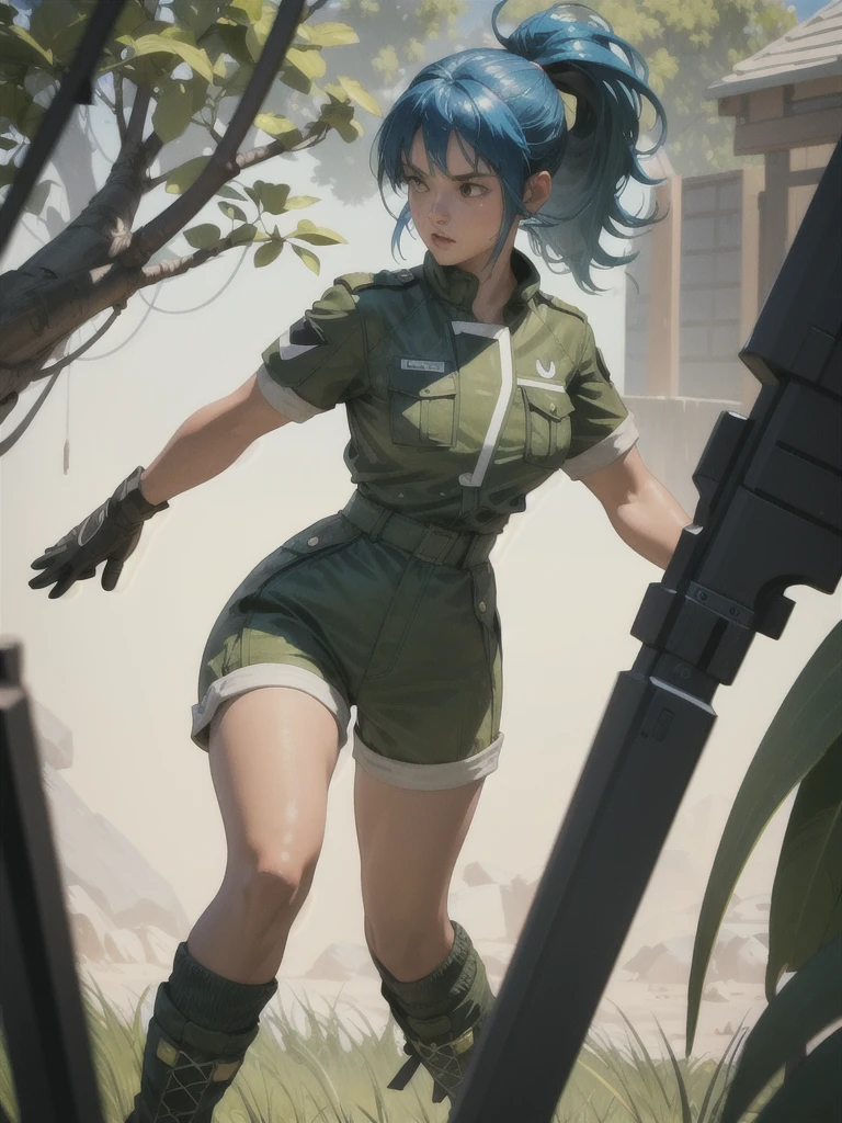 30-year-old woman, alone, athletic, blue hair tied in a ponytail, wears green military shorts, wears a green military top, wears dark gloves, has military boots, high resolution, perfect image, very detailed, high contrast, colors digital, simple, medium shot, cinematic, ultra-sharp focus, award-winning photography, perfect contrast, high sharpness, depth of field, ultra-detailed photography. global illumination, fluid, ultra high definition, 8k, Unreal Engine 5, ultra sharp focus, award-winning photography, Art Season Trends,
