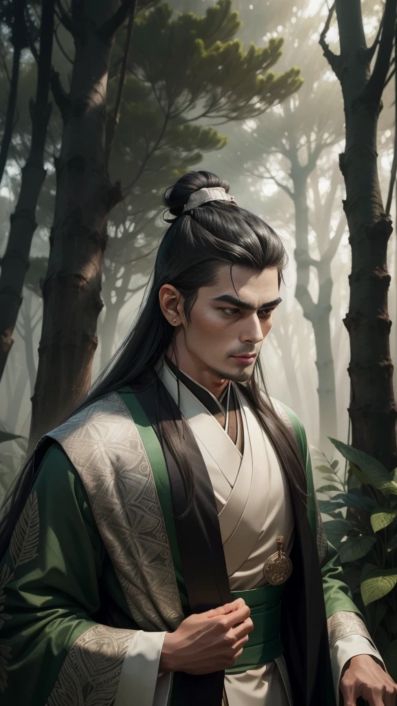 Tall and regal noble Man, dignity, jet-black hair, hair tied into a topknot, sharp face, amber almond-shaped eyes, sage, tanned skin, deep green kimono embroidered with intricate silver patterns, in a forest