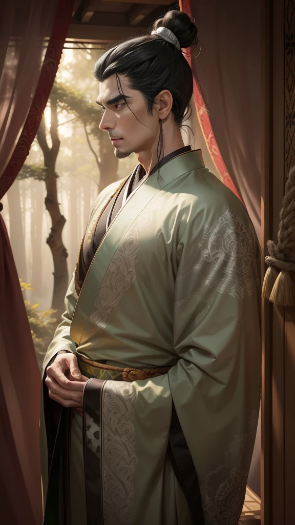Tall and regal noble Man, dignity, jet-black hair, hair tied into a topknot, sharp face, amber almond-shaped eyes, sage, tanned skin, deep green kimono embroidered with intricate silver patterns, in a forest