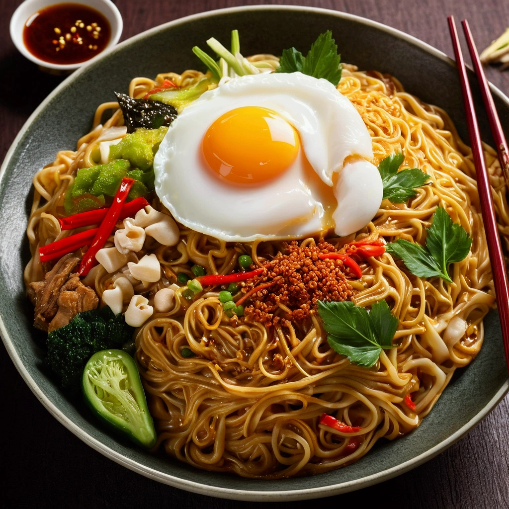 Delicious and tempting spicy noodles,Fresh vegetables are plentiful,The poached egg aroma is overflowing,Brown conch is delicious and delicious,Pepper has a strong flavor,The yellow bamboo shoots are crispy and delicious,The fungus has a delicate taste,Soybean curd has a good aftertaste,The noodles picked up by chopsticks are fragrant。illustration