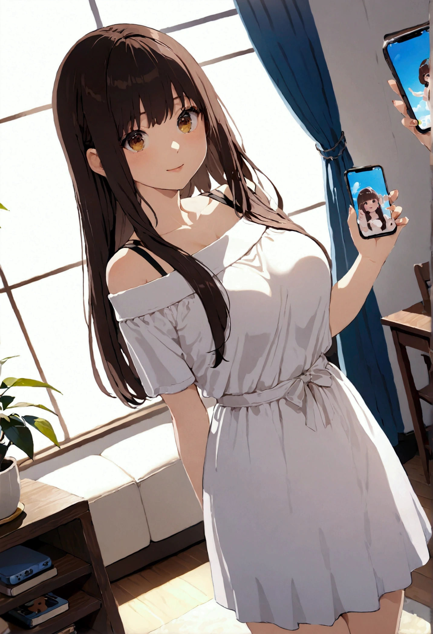 ((1girl)),  super fine illustration, vibrant colors, absurdres extremely detailed CG, 8k wallpaper, (masterpiece:1.3), dynamic angle, dynamic pose, 
best quality, depth of field, cinematic lighting, ultra detailed, brown long hair, very straight hair, large breast, white knit dress , 20yo, cute, very baby face, brown eyes, kawaii, smile, droopy eyes, arms at sides, smartphone, modern living room, peace fingers, smartphone, The screen of the smartphone in his hand is facing towards me