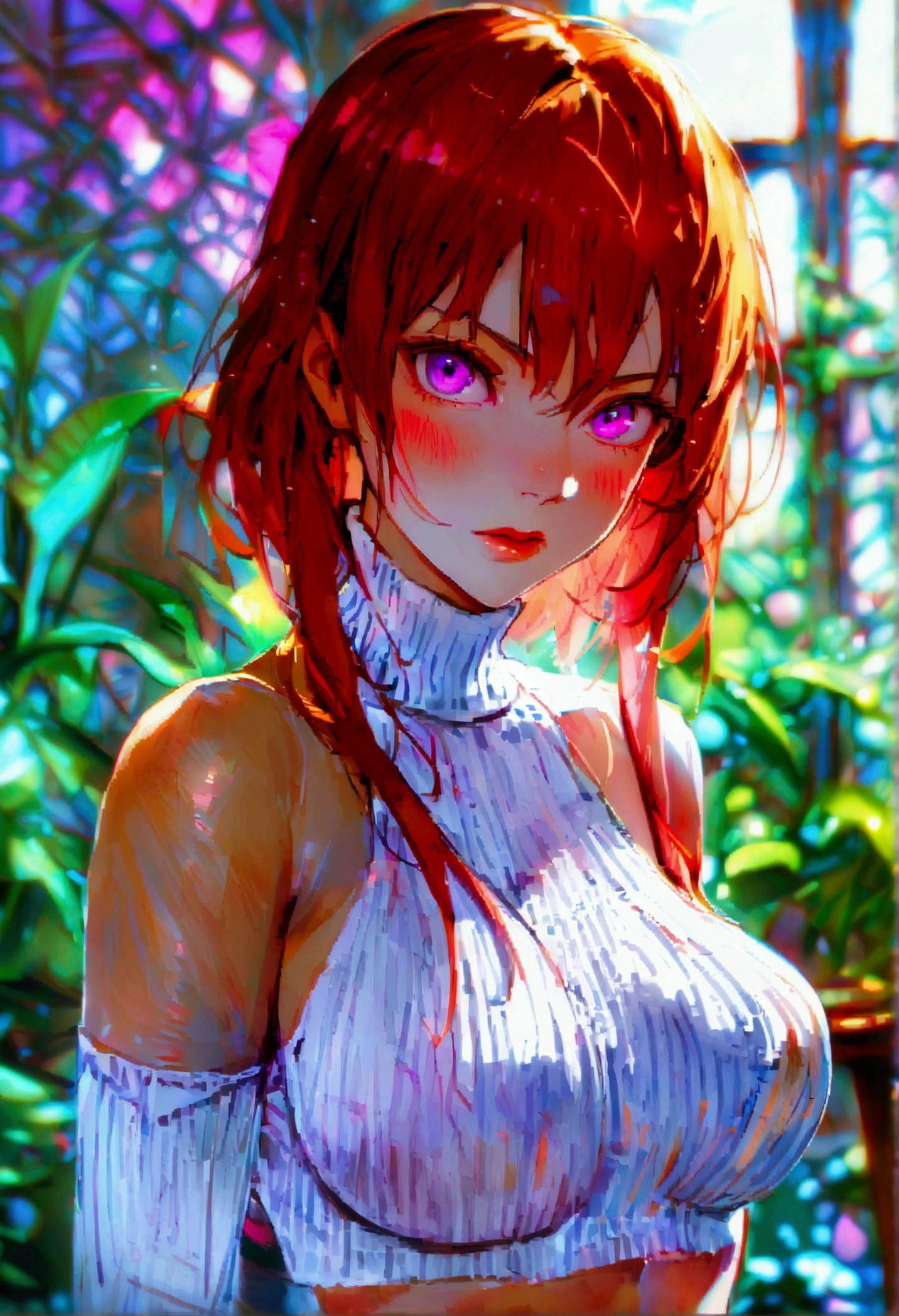 juri han,(work of art, ultra detali,high resolution,8K), 1 girl ,standing alone,hinterland,Look to viewer, , trunk,sheen,brunette skin,tight white turtleneck sweatshirt,black socks,standing,brava,,blushed,face red,arms crossed,room,plant,Eyes red,black short skirt,black glove,large bosom,low lighting,ombre,glowing purple eyes,He would be