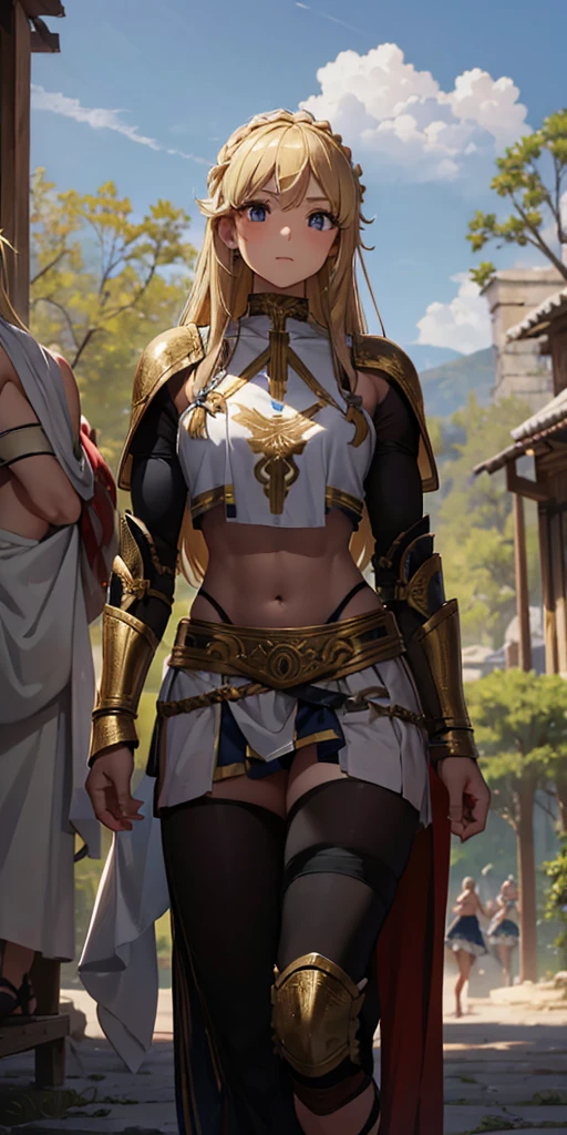young greek warriors girls in togas , only girls , forest in the background , light armor , sandals , y, exposed belly, muscular girl, defined abdomen,stomach, multiple girls, midriff, looking at viewer, blonde hair , long hair, bare shoulders, white skirt, skirt, outdoors, sanda