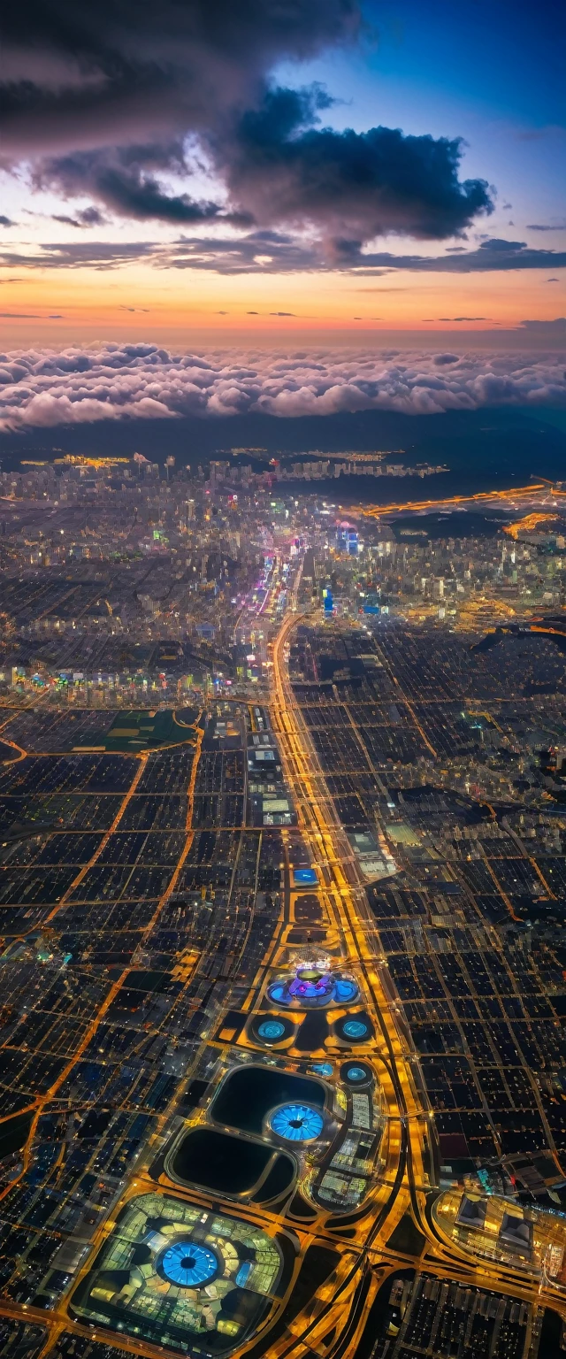 (Highest quality),(masterpiece:1.2),(Very detailed:1.2),Ultra-high resolution,RAW color photos,8K,Vast landscape photography,Realistic photos,Elaborate photos,View from an airplane window,Written boundary depth,Sharp focus,In the clouds,Tokyo,Haneda airport,Night view,Beautiful colors,Written boundary depth,Wide Light,Low contrast,Backlight,Sharp focus,Vibrant colors,moving composition