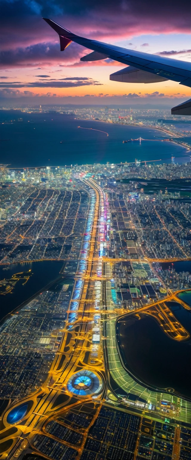 (Highest quality),(masterpiece:1.2),(Very detailed:1.2),Ultra-high resolution,RAW color photos,8K,Vast landscape photography,Realistic photos,Elaborate photos,View from an airplane window,Written boundary depth,Sharp focus,In the clouds,Tokyo,Haneda airport,Night view,Beautiful colors,Written boundary depth,Wide Light,Low contrast,Backlight,Sharp focus,Vibrant colors,moving composition
