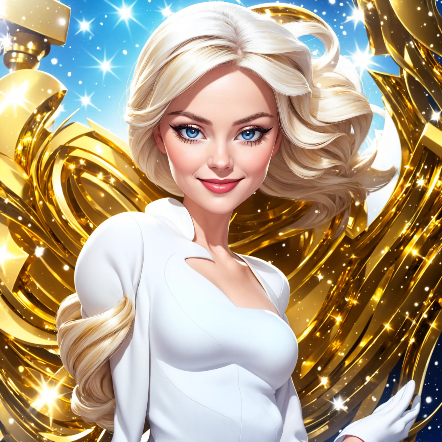 Sexy look at the camera snow-white smile Hollywood star futurism gold and white in clothes
