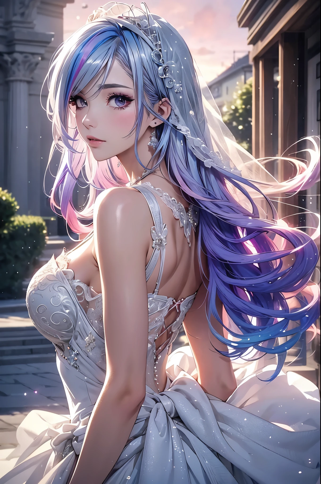 (masterpiece, best quality, beautiful and aesthetic:1.3), look back, side view, 1girl, solo, light smile, (Silver blue hair streaked pink purple:1.4), (Gradient sky blue hair ends:1.6), hair strand, absurdly long hair, single sidelock, wavy hair, shiny hair, floating hair, (deep purple eyes), delicate eyes, aqua eyes, super high detailed eyes, long upper eyelashes, makeup, Focus on face, Very detailed facial, Pretty Face, Perfect breasts, hot body, porcelain skin, (Delicate skin texture:1.2), (Highly detailed skin:1.2), bridal veil, lace-trimmed dress, see-through, wedding dress, outdoors, white roses, garden, morning, standing, extreme detailed, Edge lighting, two color lights, 8K UHD, Bokeh, イーブイの絵, soft light, Volumetric lighting, confess, warm tone