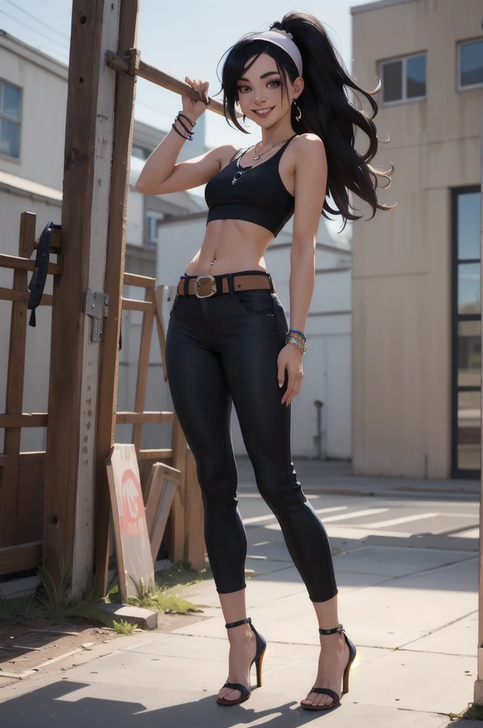 hayley, 1girl, black hair, long hair, solo, necklace, jewelry, tank top, headband, midriff, pants, high heels, belt, navel piercing,looking at viewer, smile, cowboy shot, fullbody,