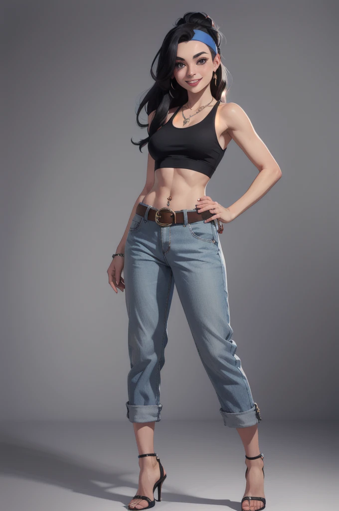 hayley, 1girl, black hair, long hair, solo, necklace, jewelry, tank top, headband, midriff, pants, high heels, belt, navel piercing,looking at viewer, smile, cowboy shot, fullbody,