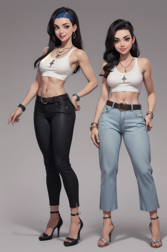 hayley, 1girl, black hair, long hair, solo, necklace, jewelry, tank top, headband, midriff, pants, high heels, belt, navel piercing,looking at viewer, smile, cowboy shot, fullbody,