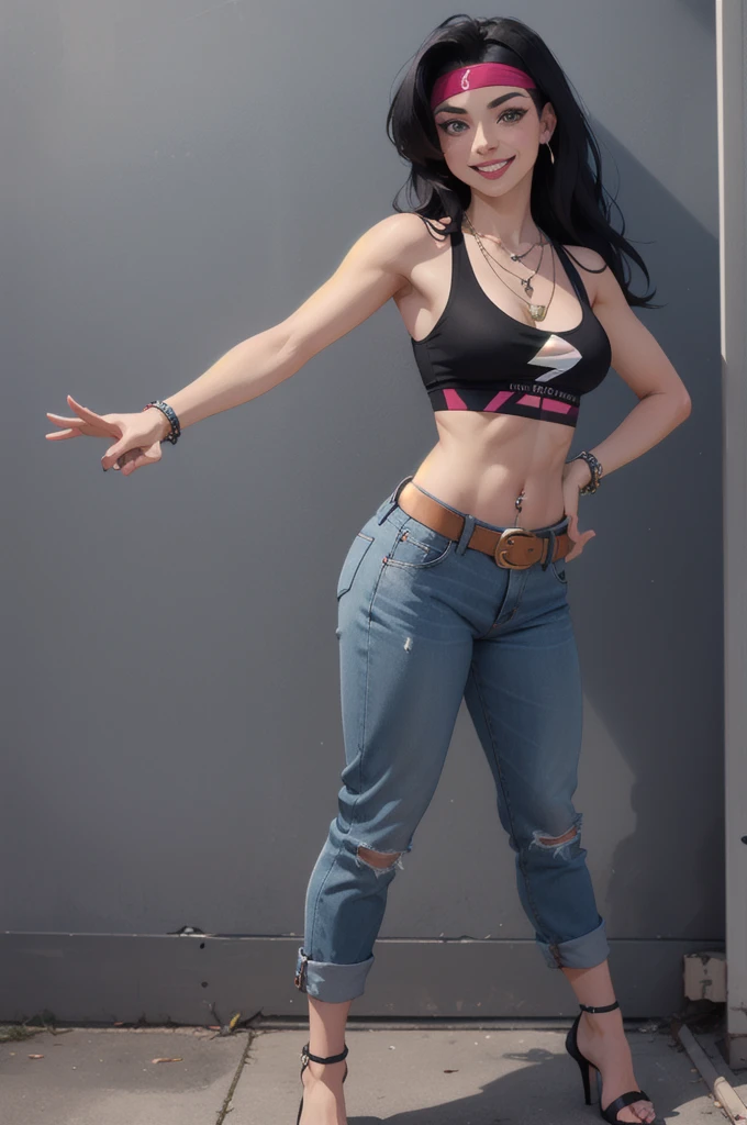 hayley, 1girl, black hair, long hair, solo, necklace, jewelry, tank top, headband, midriff, pants, high heels, belt, navel piercing,looking at viewer, smile, cowboy shot, fullbody,