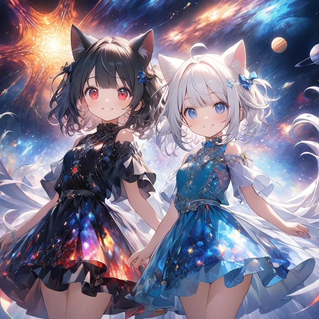 *8k Masterpiece, Top Quality, Best Quality, Official Art, (Beauty and Aesthetics: 1.3), Extremely Detailed, (Fractal Art: 1.3), 2 girls. 1 with black hair. and red eyes 1 with white hair and blue eyes. cute. cat ears. smile. walking in a galaxy. Cute outfits.