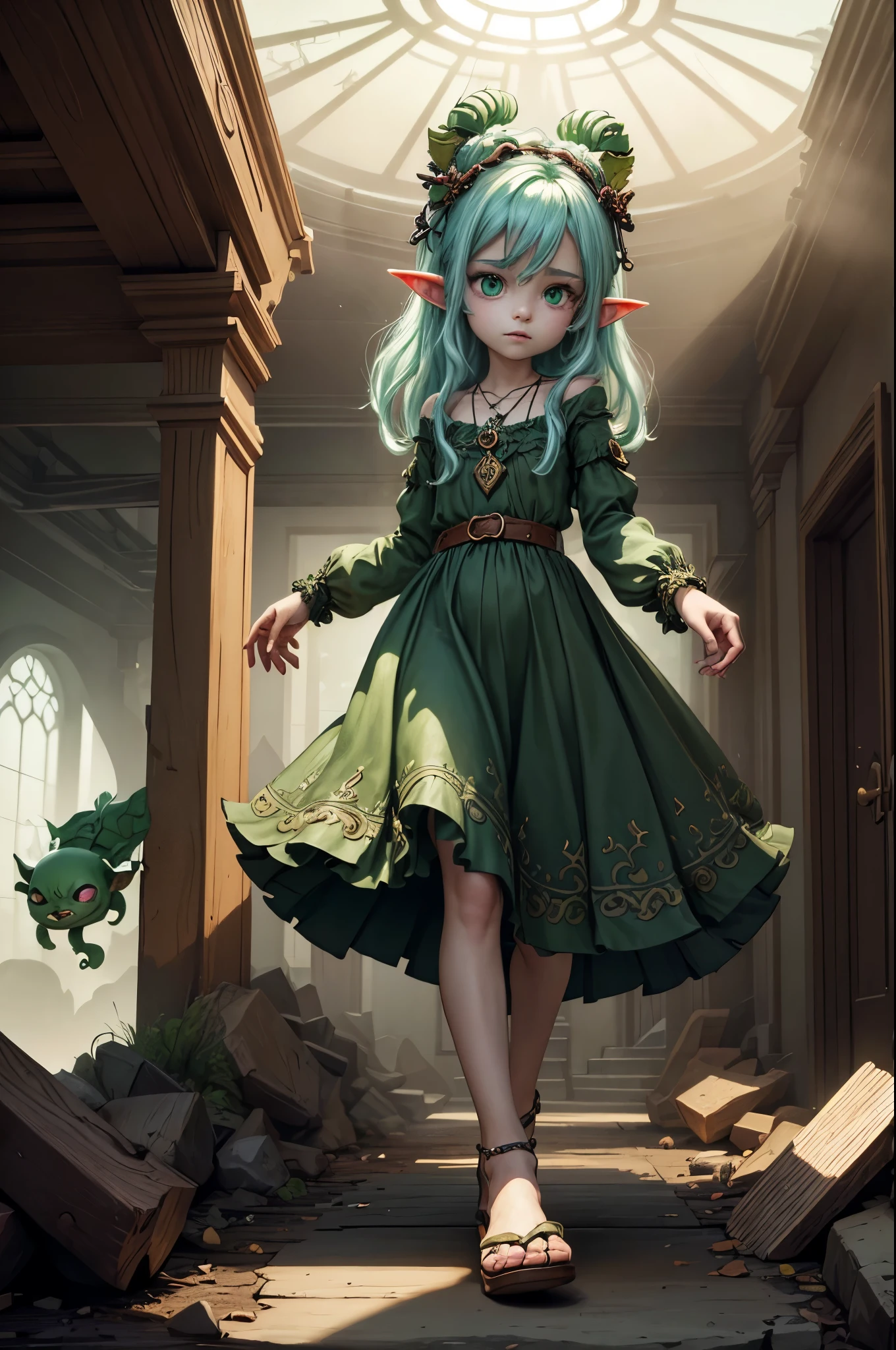 (Realisttic:1.2), analog photo style, (cute goblin wooman looking like elf, intensed green serpent's eyes, surrounded by a gloomy antique setting), (her full body s a visual pleasure), faint smile, soft shading expresses beautiful skin texture, silk material, Graceful curve, necklace, rich and lustrous hair, three dimensional effect, gloomy dark atmosphere, play of light in the sun rays, a delicate balance between beauty and darkness, faded colours, great quality, Masterpiece, intricate fantasy background, naturally cinematic light, 16k quality, HDR, RAW photo